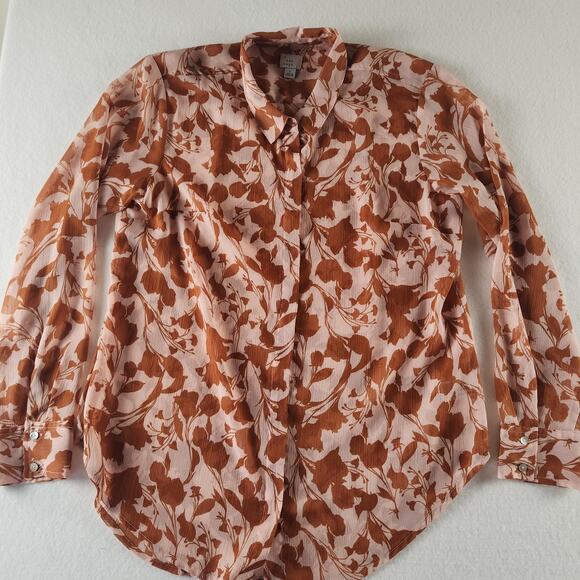 a new day Tops - A New Day Women’s Pink & Brown Floral Button Up Blouse Sheer Size L
